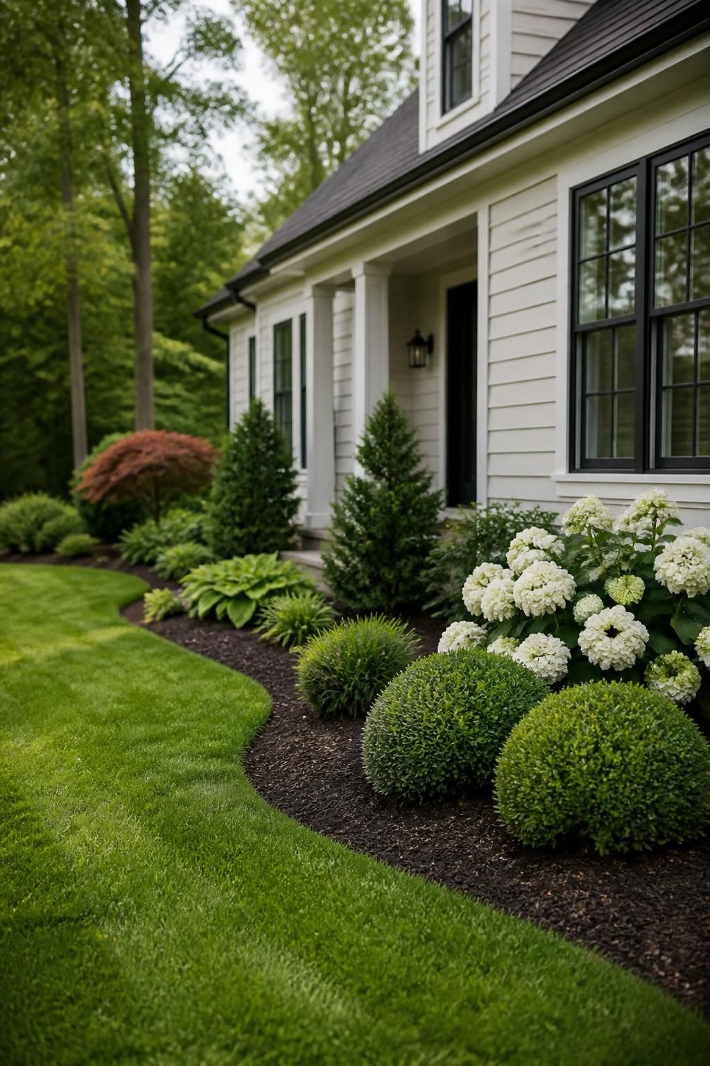 Freshly installed lawn beside a home with neat shrubs and mulch beds.