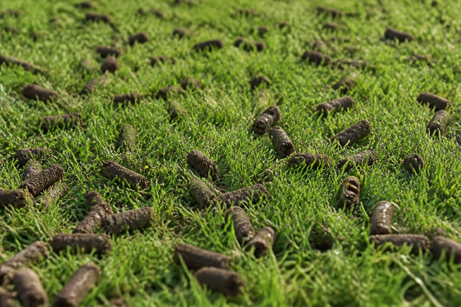 Healthy lawn surface after aeration with visible soil plugs.