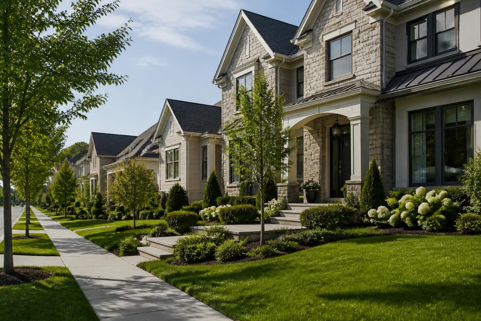 Upscale neighborhood with neatly maintained lawns and young trees.