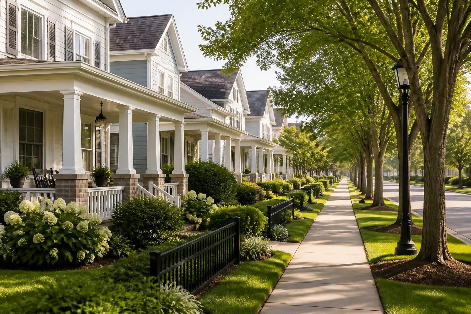 Planned community streetscape with manicured lawns and charming homes.