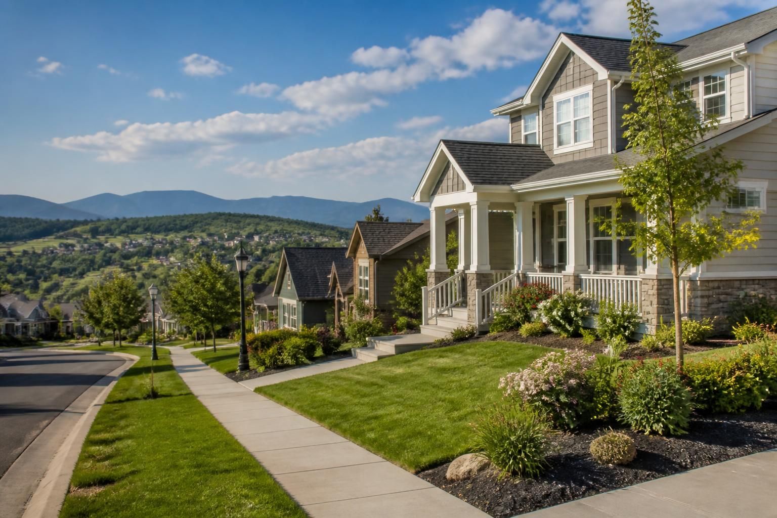 Suburban hillside neighborhood with healthy lawns and clean sidewalks.