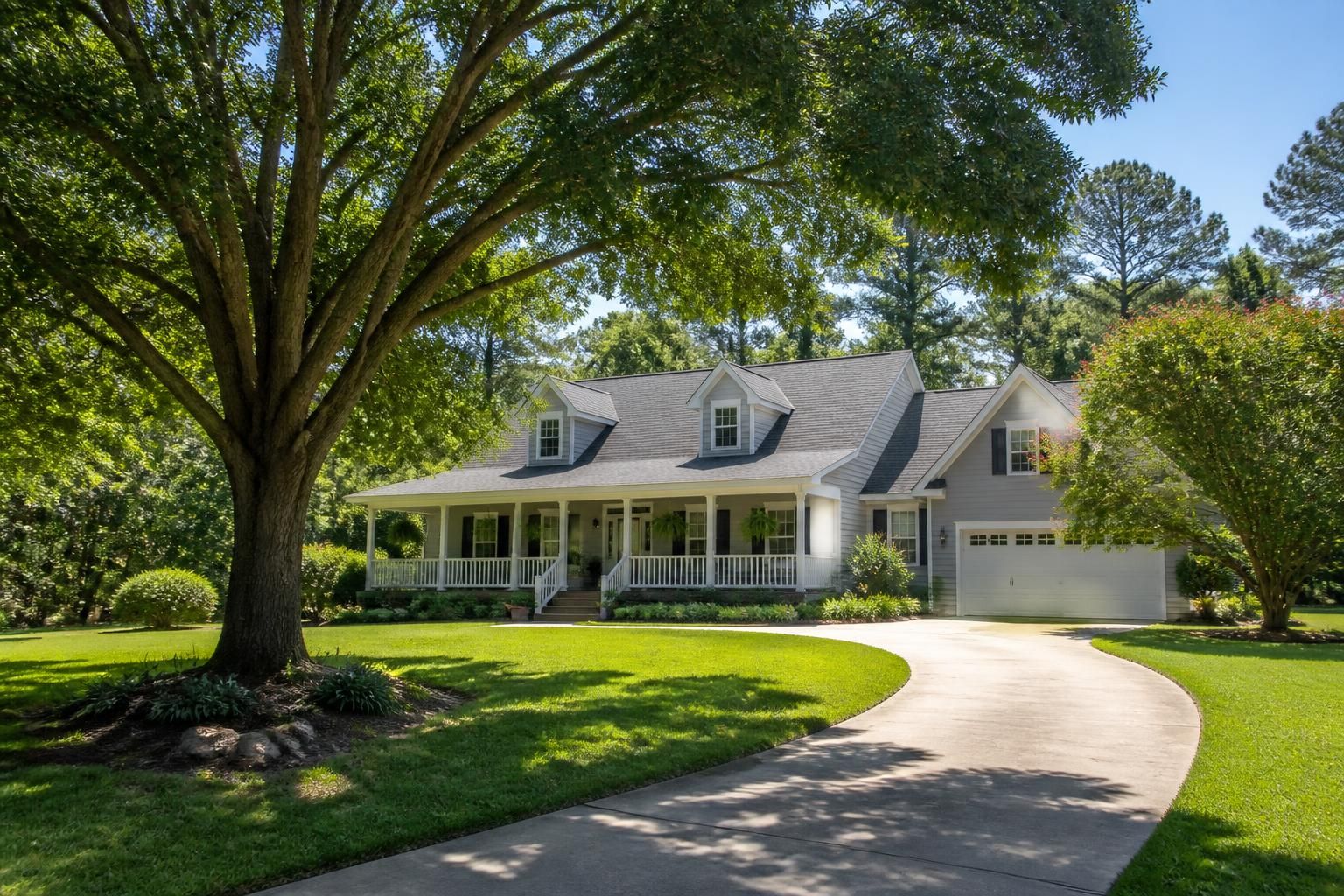 Spacious neighborhood with green lawns and mature trees.