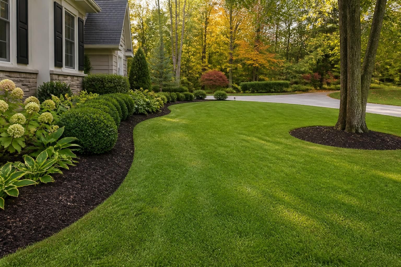Clean autumn yard with leaves cleared and lawn refreshed.