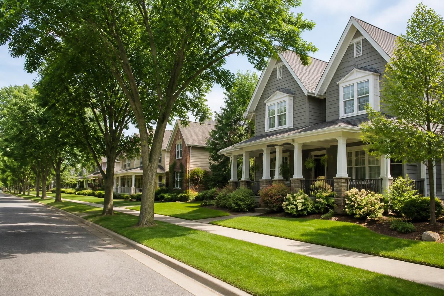 Welcoming neighborhood with manicured lawns and well-kept homes.