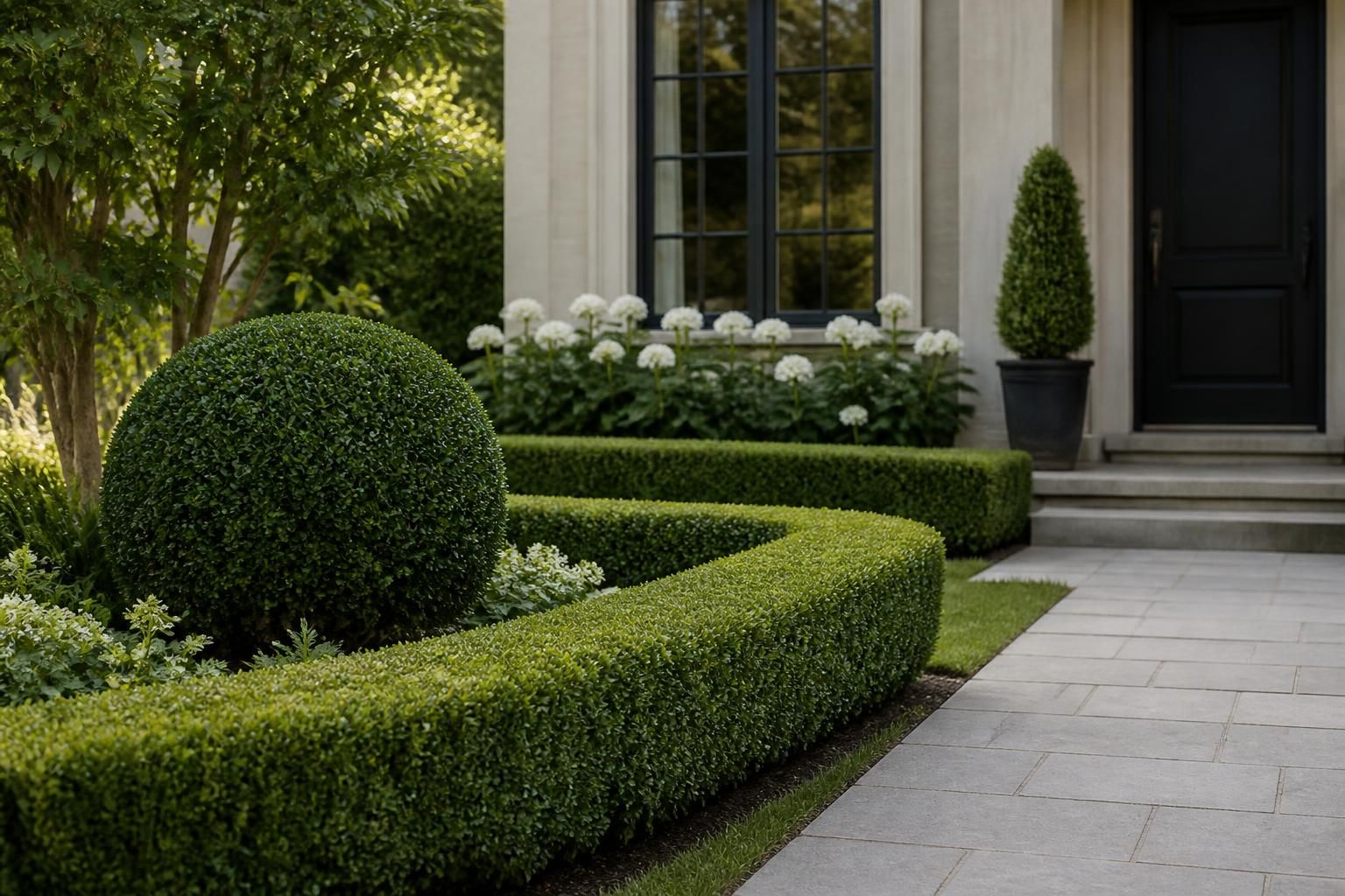 Neatly trimmed hedges in a tidy landscaped yard.