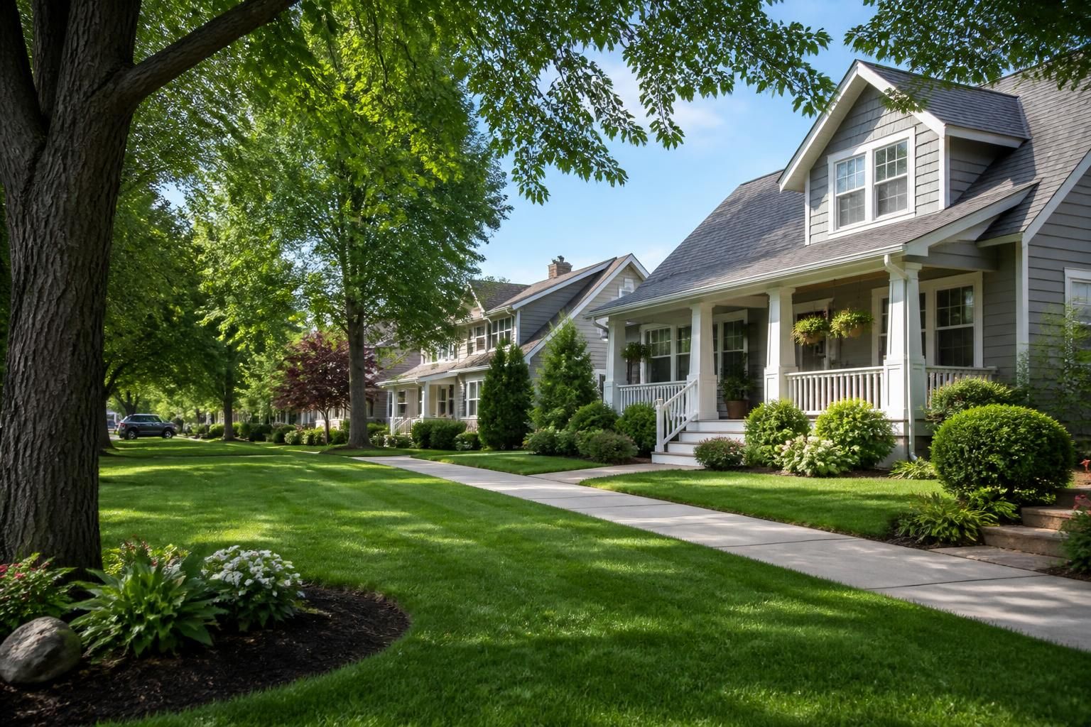 Suburban neighborhood with healthy green lawns and mature trees.