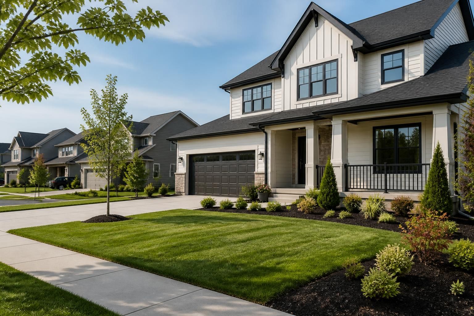Modern neighborhood with fresh lawns and new landscaping.