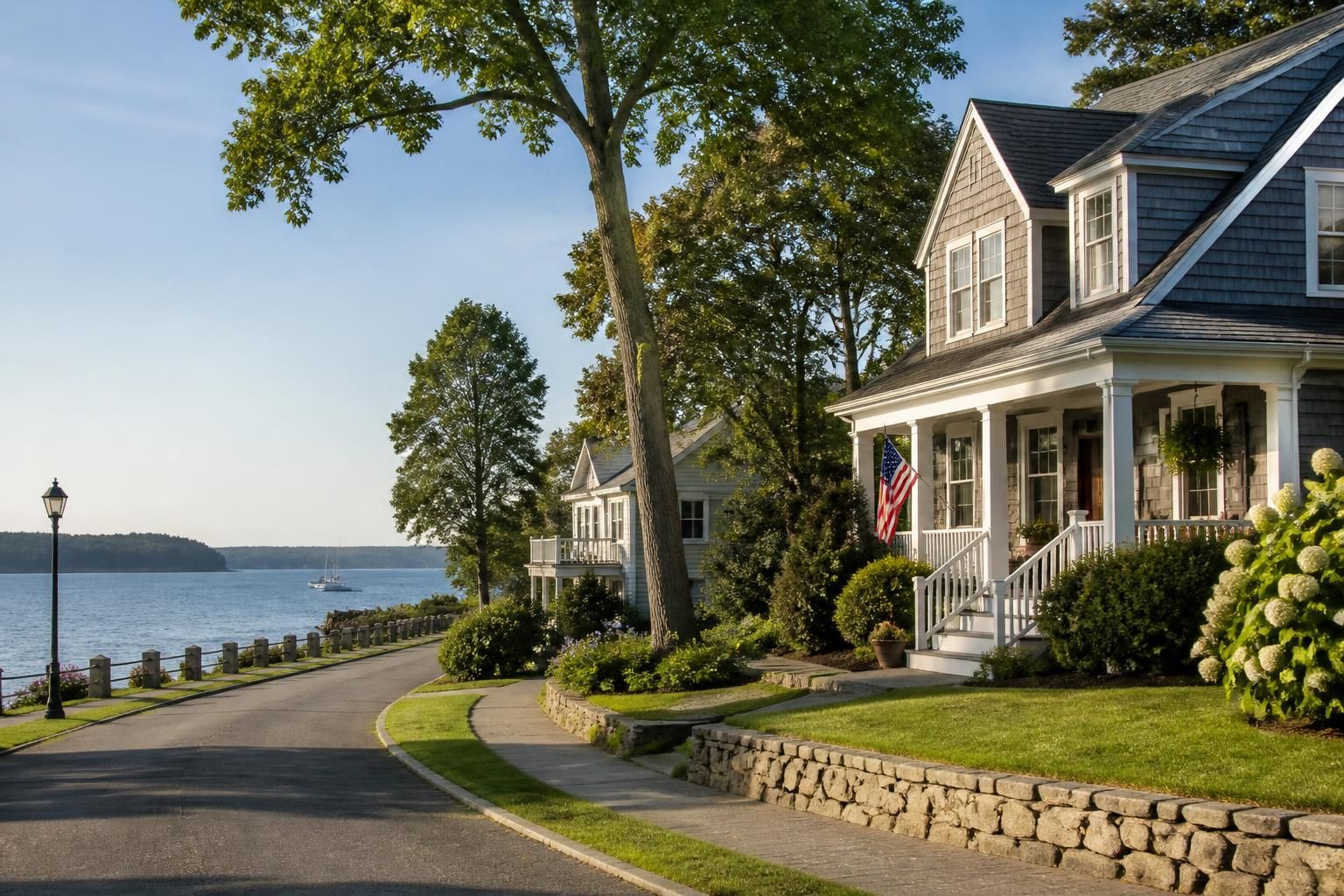 Waterfront neighborhood with maintained lawns and tree-lined streets.