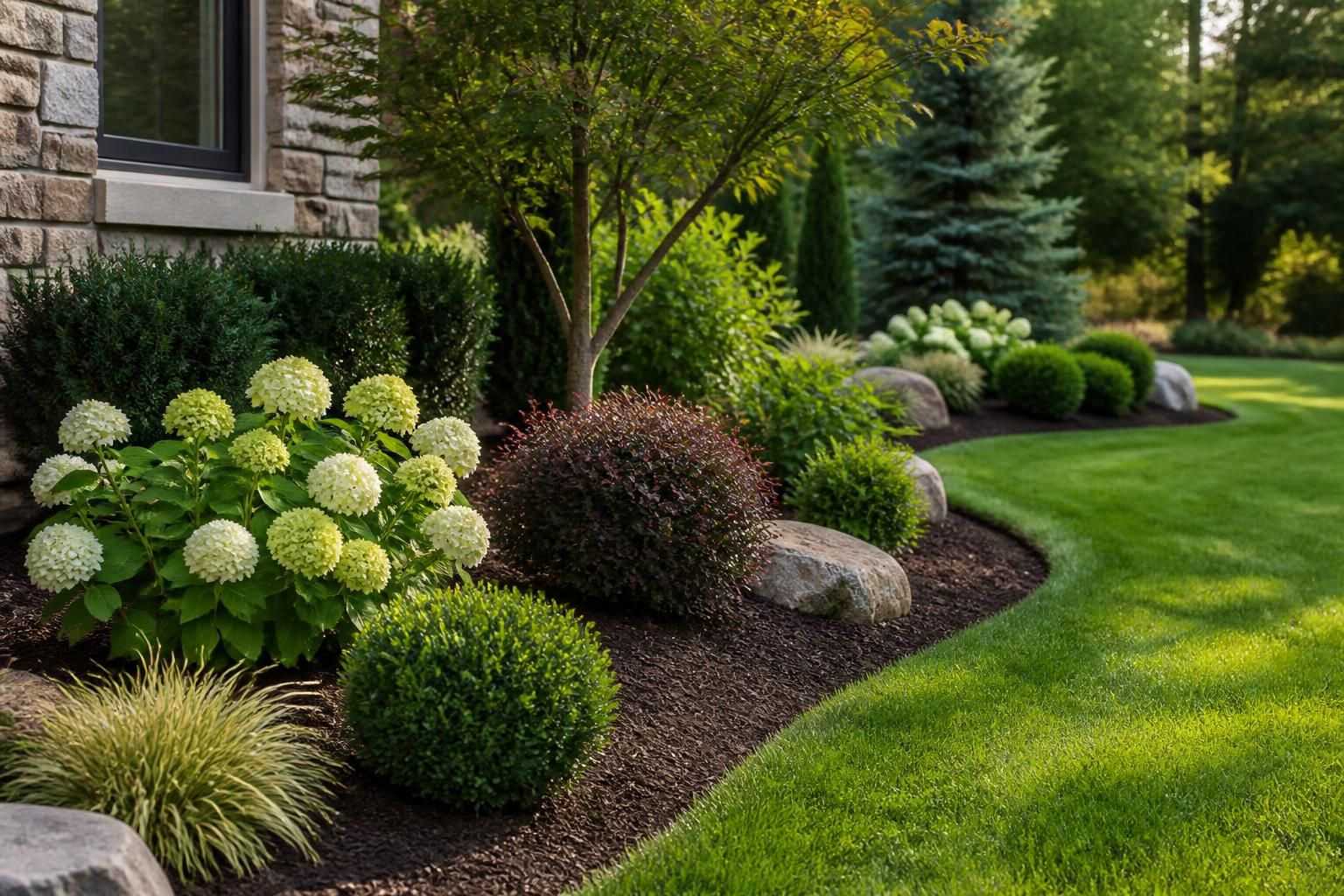 Finished landscaped yard with mulch beds, shrubs, and green lawn.