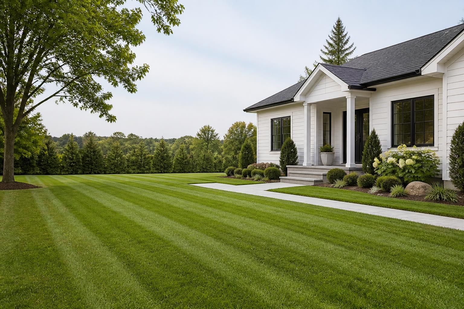 Fresh striped lawn and clean front yard with open space for text.