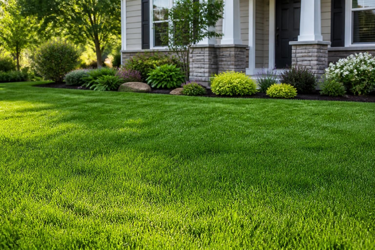 Healthy treated lawn with rich color and even growth.