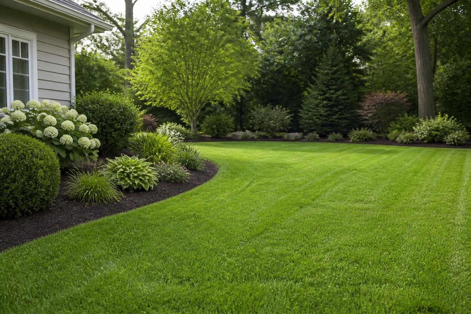 Wide view of a freshly maintained green lawn with clean edging and landscaping.