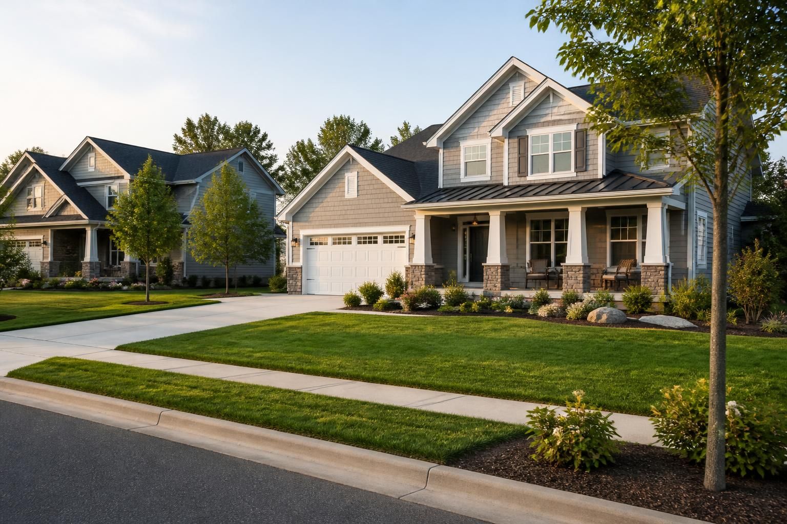 Residential neighborhood with broad green lawns and landscaped yards.
