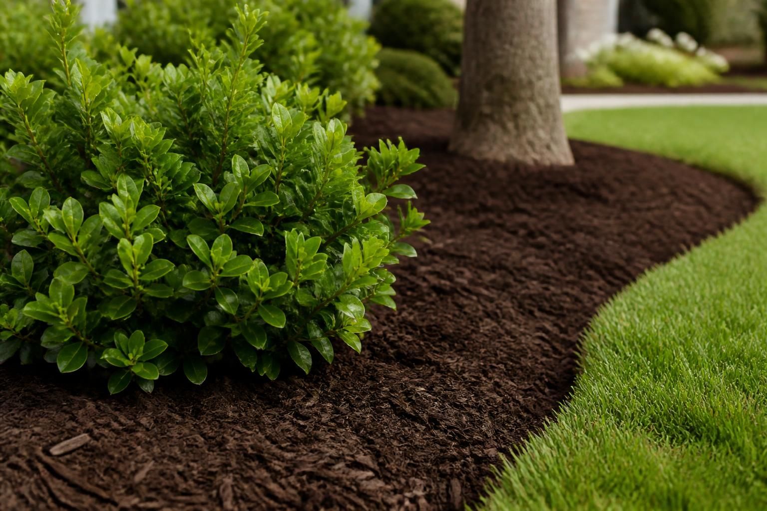 Fresh mulch neatly placed around shrubs in a landscaped bed.