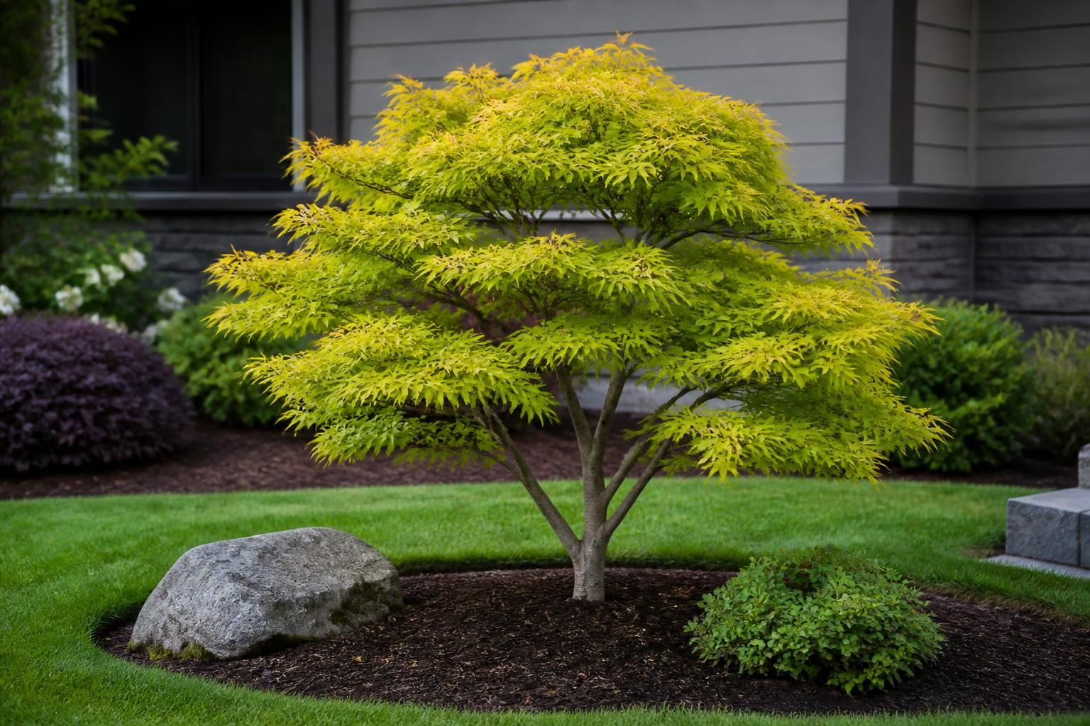 Small ornamental tree with a clean pruned shape in a neat yard.