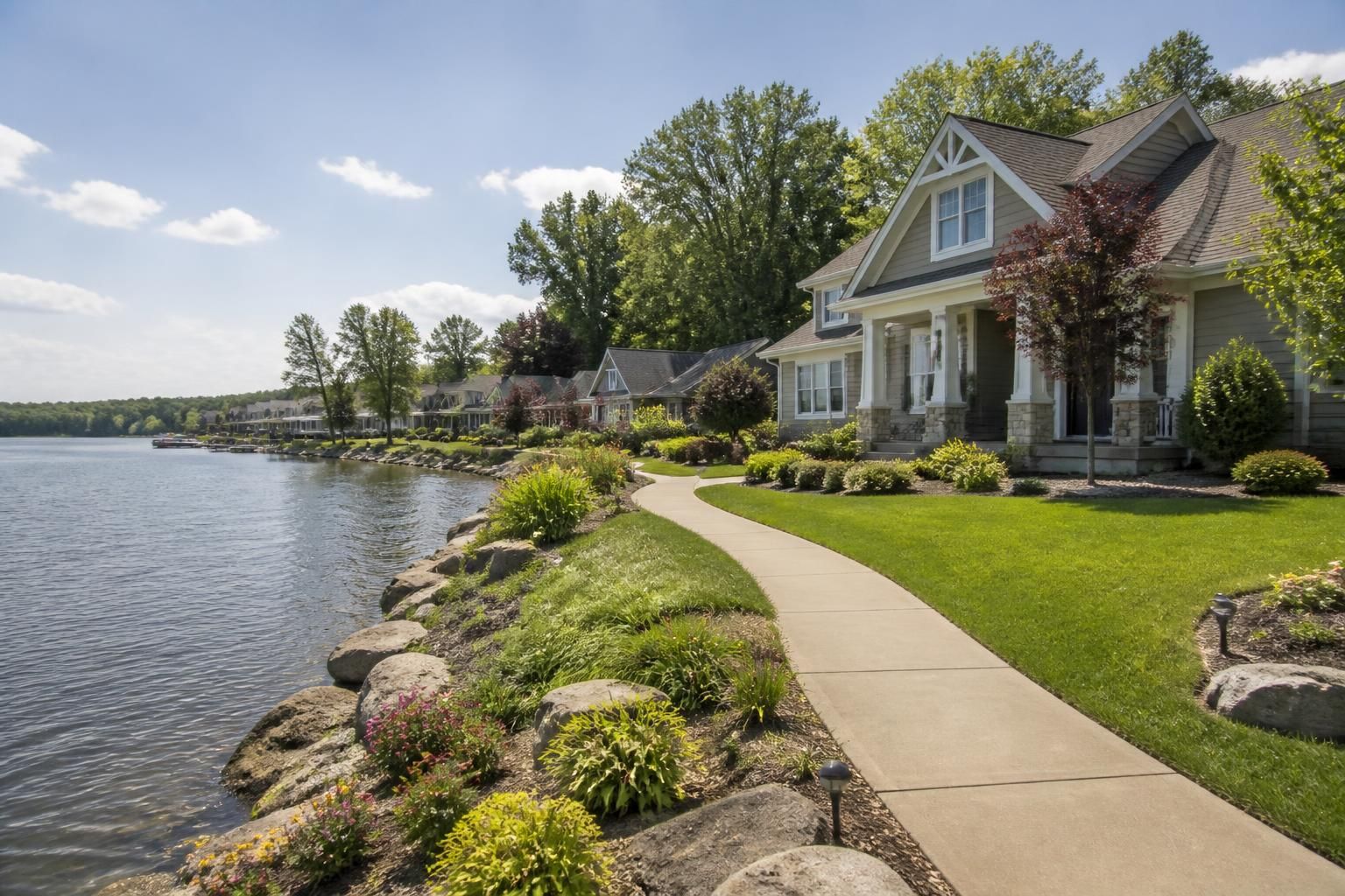 Lakeside neighborhood with well-kept lawns and landscaped yards.