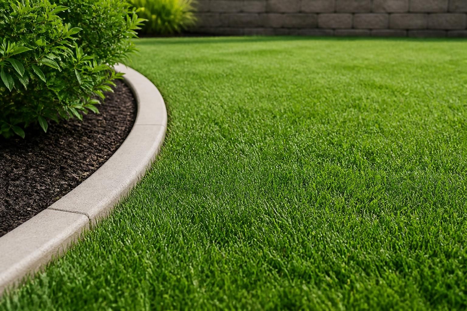Dense weed-free lawn with clean edges and healthy turf.