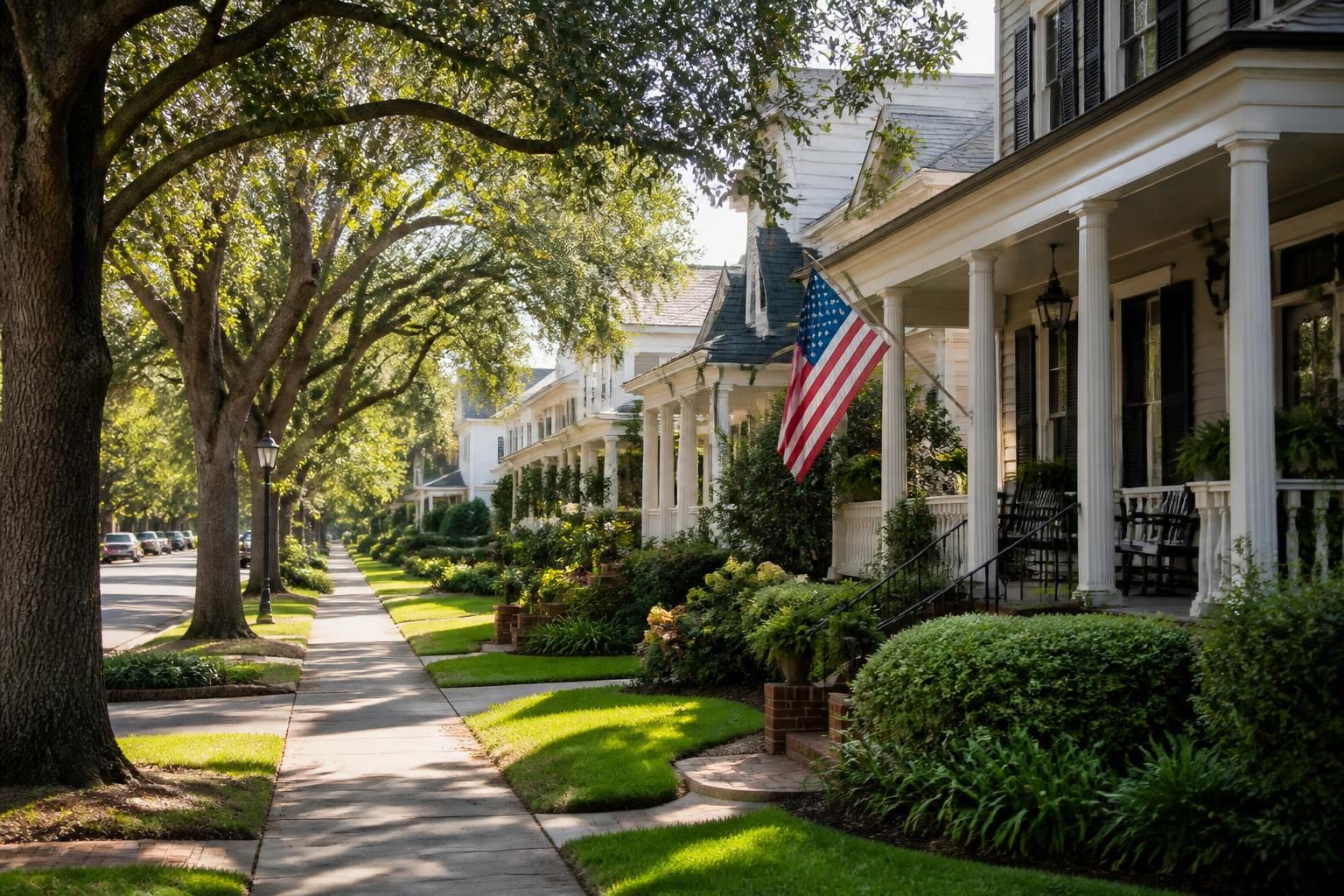 Small-town street with green lawns and tidy homes.